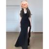 Dark Slim Dress High Split Neck Long Dress Ruffle Leaf Temperament Low Chest Backless V-neck Dress Women