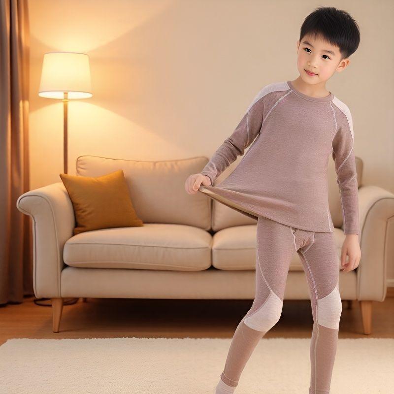 Boys' heating long johns Children's medium and older children's fleece thickened German fleece suit Boys' baby thermal underwear