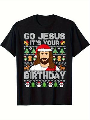 Humorvoller Go Jesus Es Ist Dein Geburtstag Weihnachts-Pullover T-Shirt Schwarz mit Buntem Feiertagsdruck Perfekt für Männer Frauen