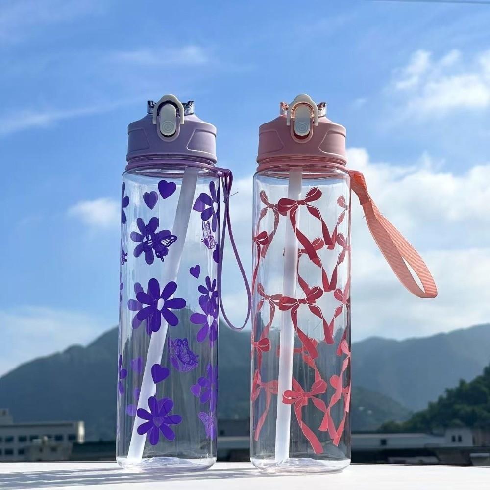 High Quality 800ml Water Bottle PC Floral Bow Print Straw Cup Portable with Handle Water Cup Outdoor Sports