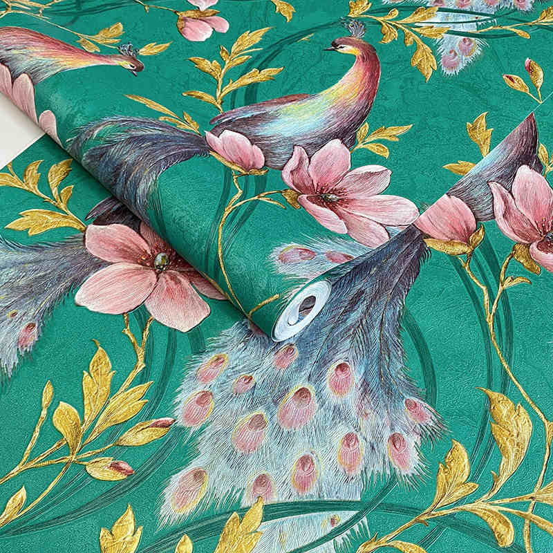 Dark Green Floral Birds Wallpaper 3D Pvc Peacock Feather Bedroom Living Room Background Mural Home Decor Papel De Parede fuori colore bianco