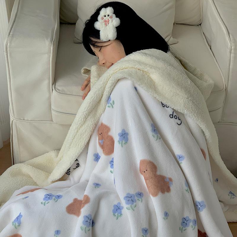 Double-Layer Cartoon Puppy Fleece Blanket Thick Warm Faux Lambs Wool Throw Blankets for Sofa Bed Autumn Winter Soft Plush Plaid