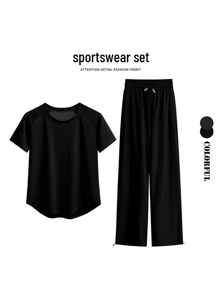Plus Size Women's Yoga Short Sleeve & Long Pants Set - Summer Outdoor Running Quick-Dry Loose Sportswear