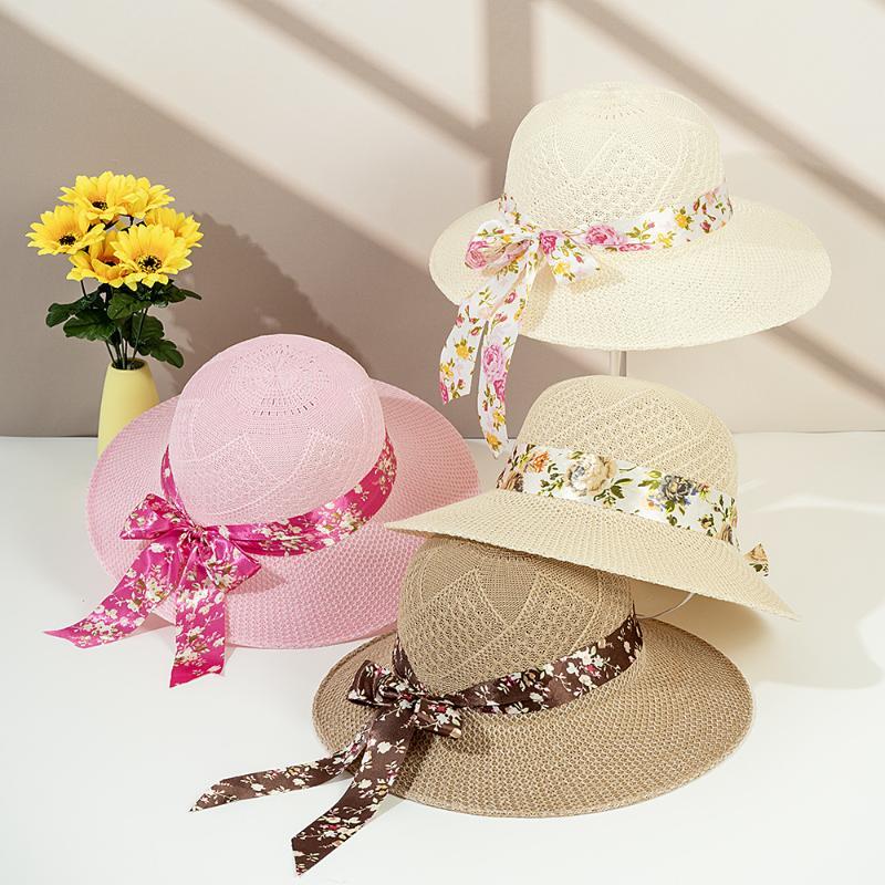 Beige Wide Brim Straw Sun Hat Foldable Polka Dot Bow Ribbon UV Protection for Summer Pool Party Travel Use