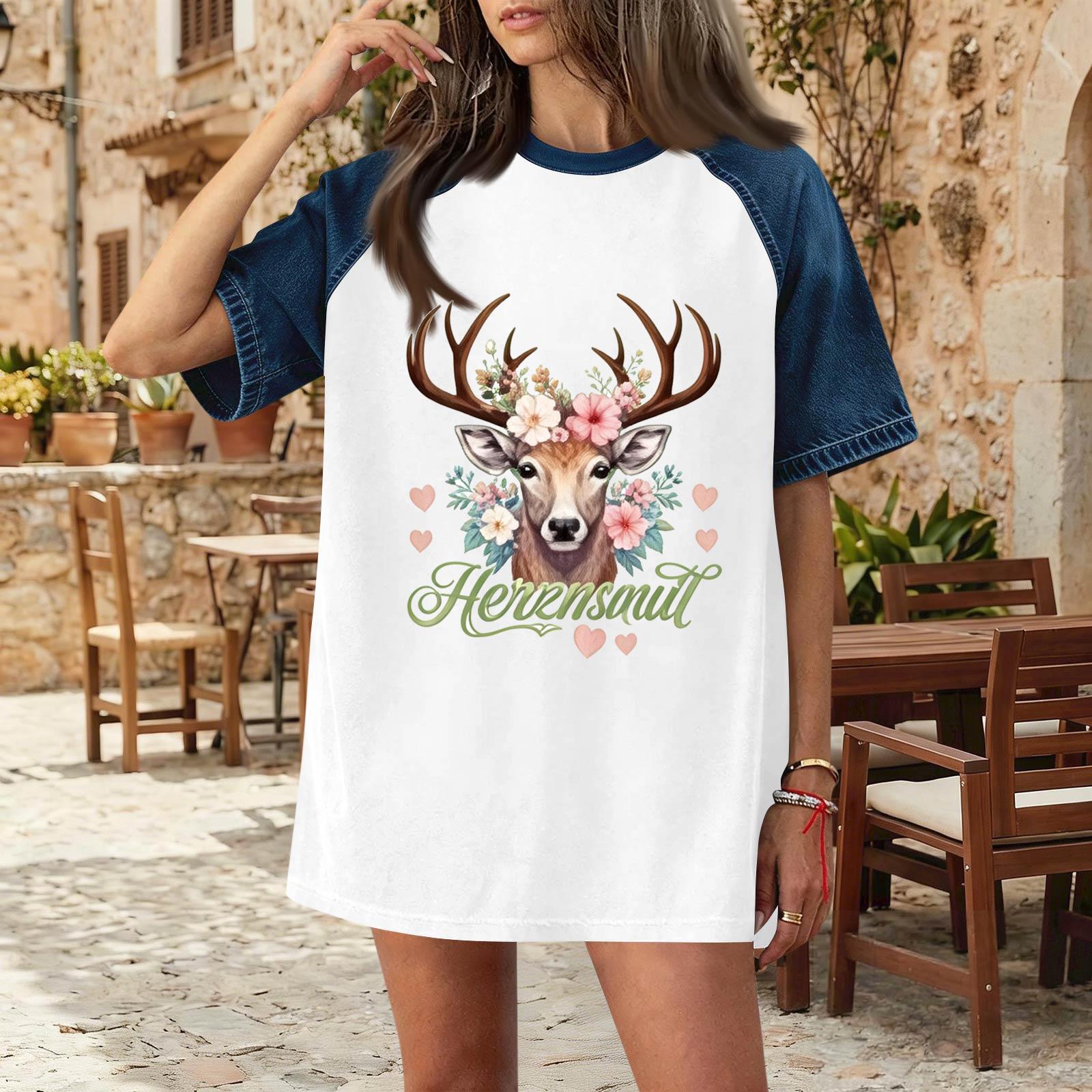 

Women s Casual Denim Patch T-Shirt Oktoberfest Graphic Tee Comfortable Short Sleeve Loose Fit Top M