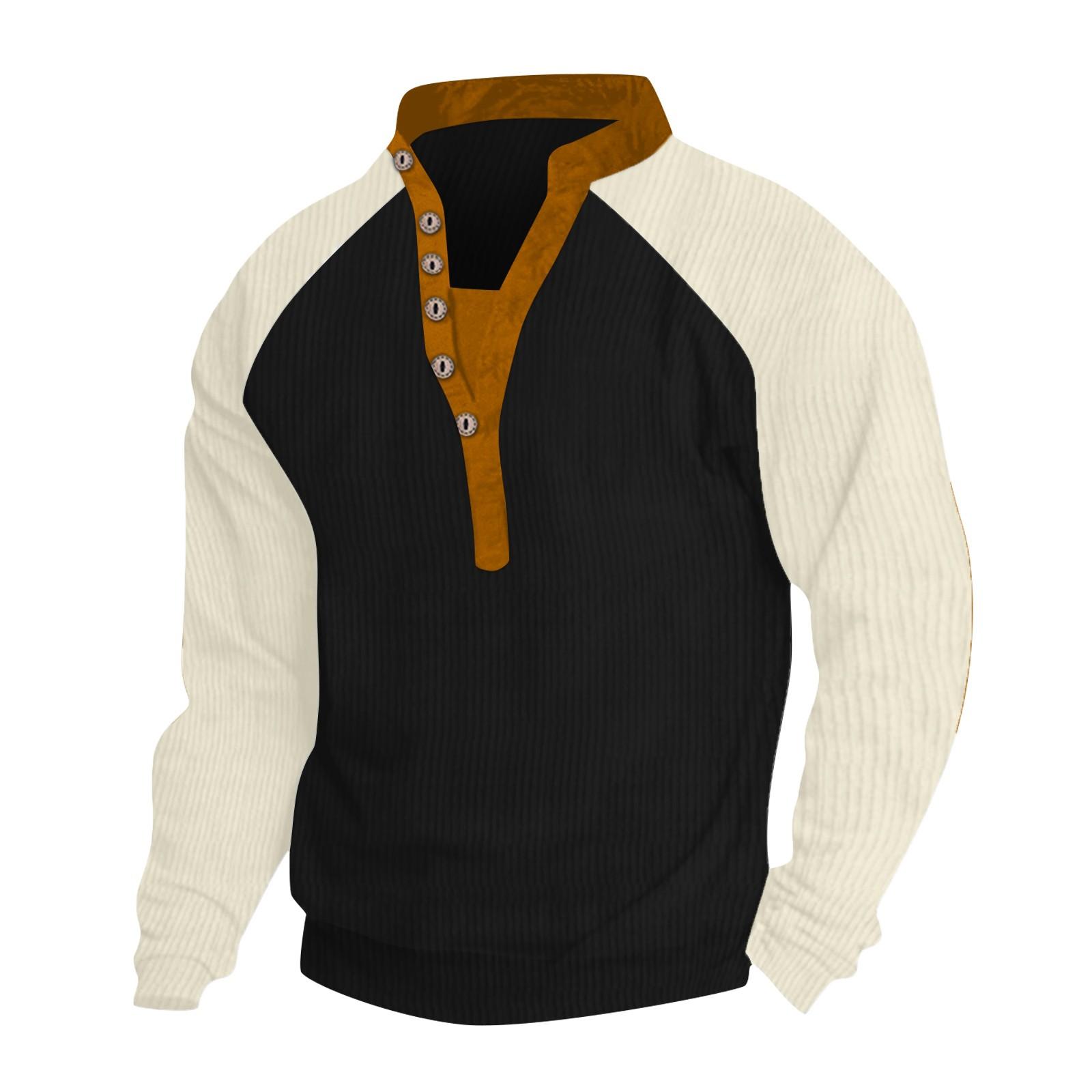 

Мужская свободная футболка с длинными рукавами и v-образным вырезом на пуговицах реглан в стиле пэчворк S чёрный