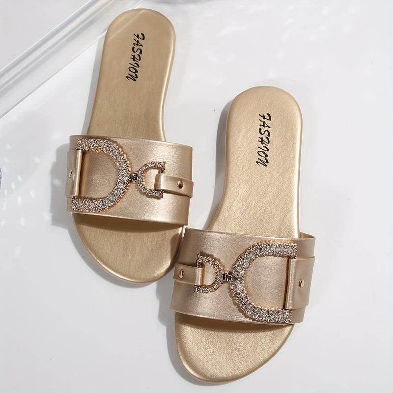 Women'S Glittery Rhinestone-Embellished Black Slide Sandals -Comfortable Flat Sole, Open-Toe Summer Slippers for Casual & Outdoor Wear, Ladies Sandals