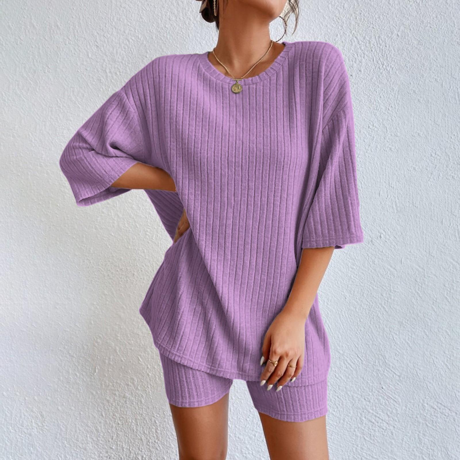 

Женский модный повседневный однотонный свободный круглый вырез с коротким рукавом шорты костюм L фиолетовый