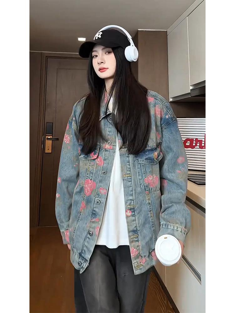 Unisex Hong Kong Style Floral Jacquard Denim Jacket - Trendy Autumn/Winter 2025 Collection