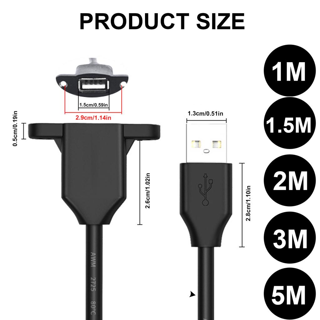 Prodlužovací kabel USB pro nabíjení s USB 2.0 konektorem (samec-samice), montáž do panelu s otvorem pro šroub pro telefony, notebooky, myši