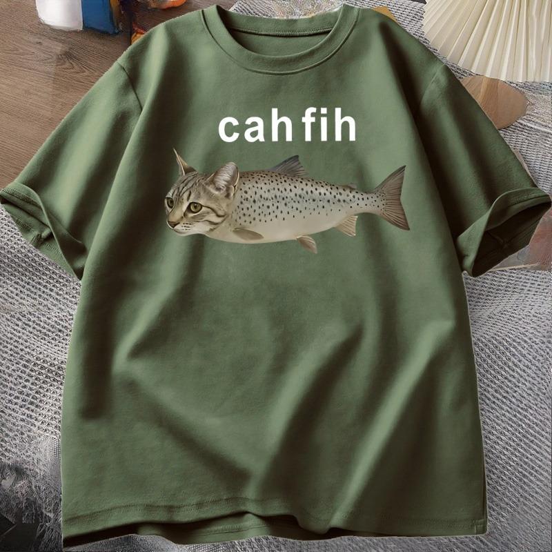 T-shirt Cah Fih T-shirt Fih Poisson Mal Orthographié Mème Poisson Chat et Poisson Graphique Humoristique T-shirt Décontracté Coton Manches Courtes Vêtements Hauts
