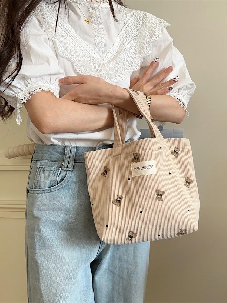 Corduroy Bear Handbag for Women, Outer Carry Bag, Lunch Bag, Student Small Lunch Box