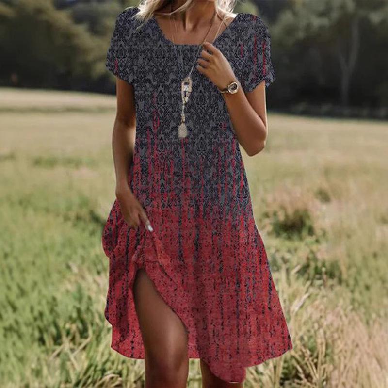 Summer Vintage Bohemian Ethnic Women's Dress - Oversized Round Neck Midi Length Breathable Loose Dress