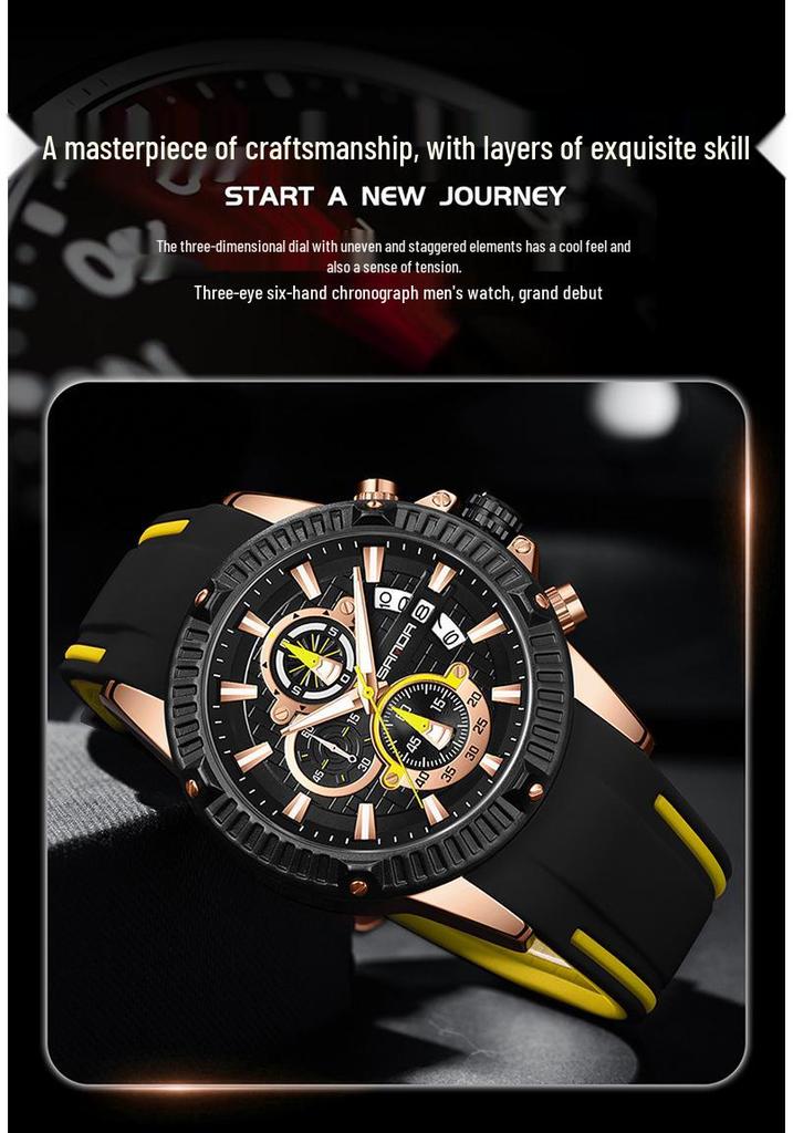 Sanda Men's Classic Quartz Wristwatch with Silicone Band, Three Sub-dials, Calendar & Luminous Markers.