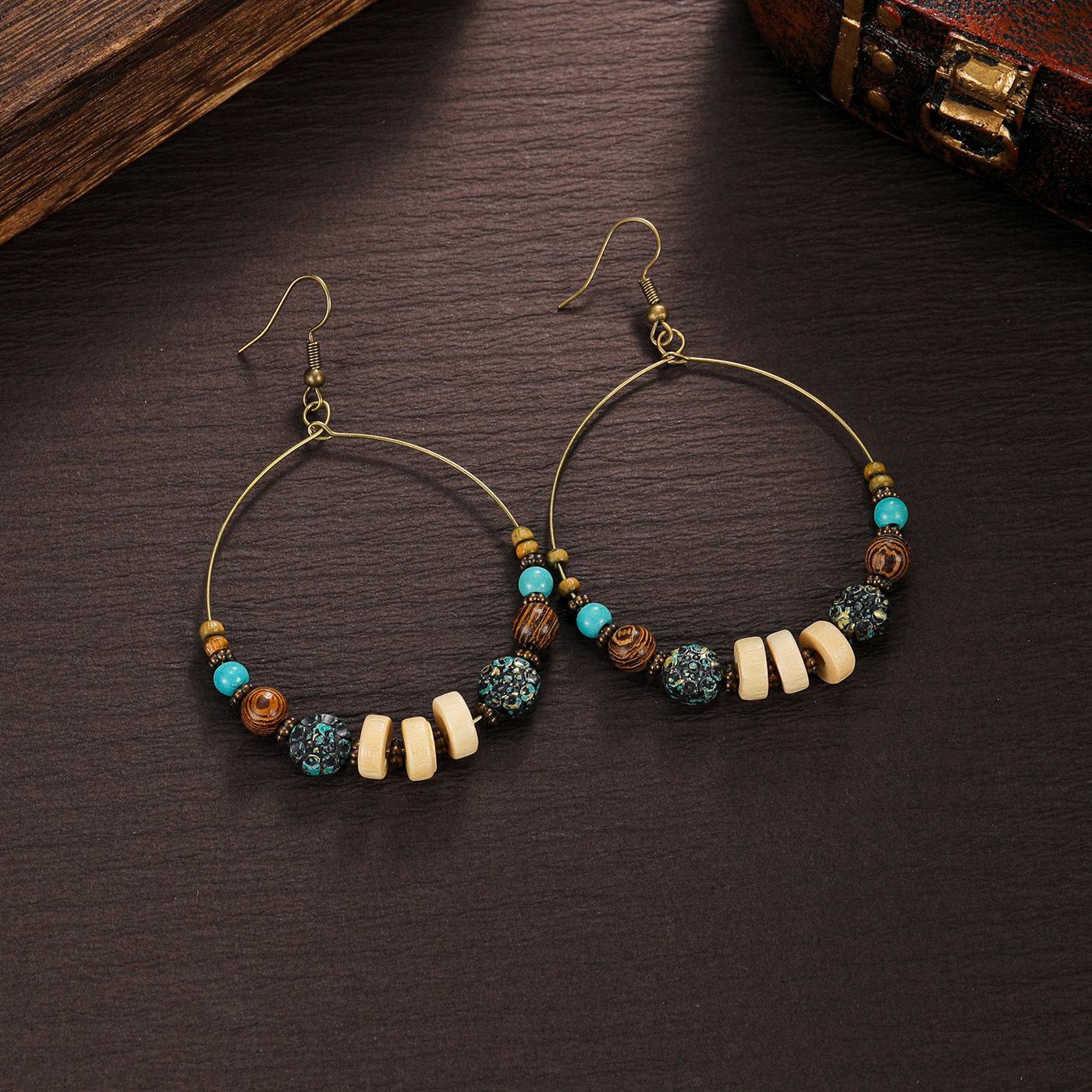 

Винтажные этнические серьги-кольца с бирюзовыми бусинами для женщин - Идеально подходят для поездок на работу или вечеринок.