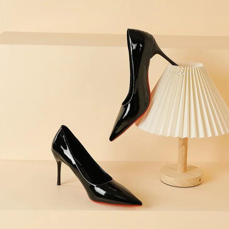 Fashion 2024Women Office Pumps Stilettos High Heels Shoes Large Size 42 Shiny Heels Patent Leather Pointy Toe Ladies Work Shoes 8cm NEW