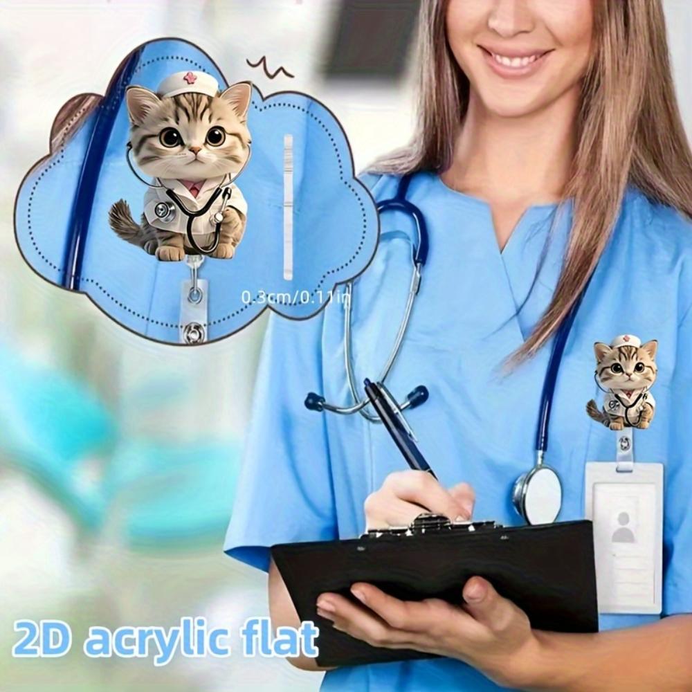 2D Acrylic Cute Nurse Cat Retractable Badge Reel Clip Brooch For Nurses RN LPN Students ID Card Holder
