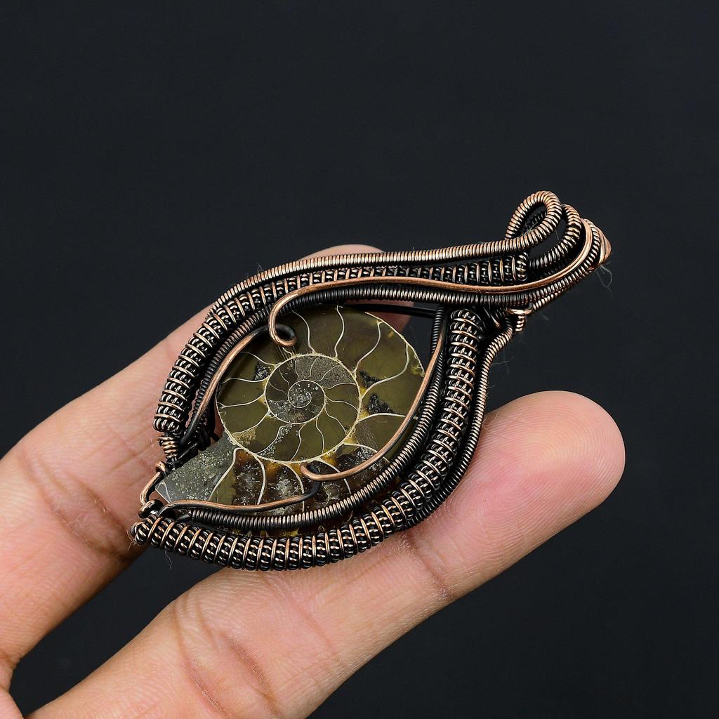 Ammonite Fossil 999 Copper Wire Wrapped Pendant, Handmade Gemstone Jewelry Pendant For Memorial Day