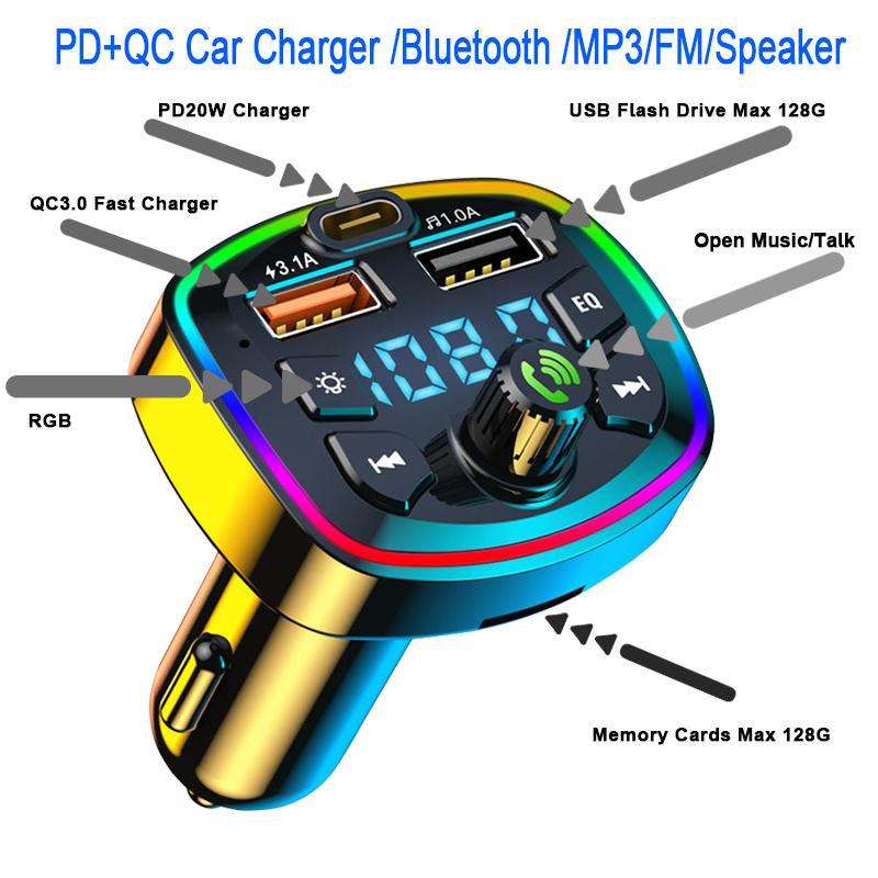 Handfree Type-C Dual Usb Car Fast Charger Car MP3 Player Fm Transmitter Wireless Bluetooth 5.0 Audio Receiver Car Kit