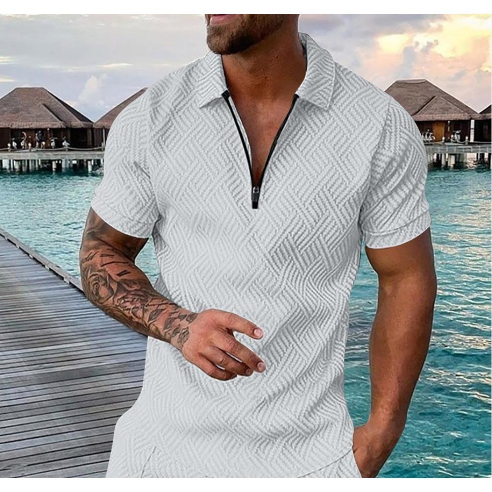 Pánské 3D polo tričko na zip s krátkým rukávem, s límečkem, pulovr, ležérní pánské oblečení, jeden kus