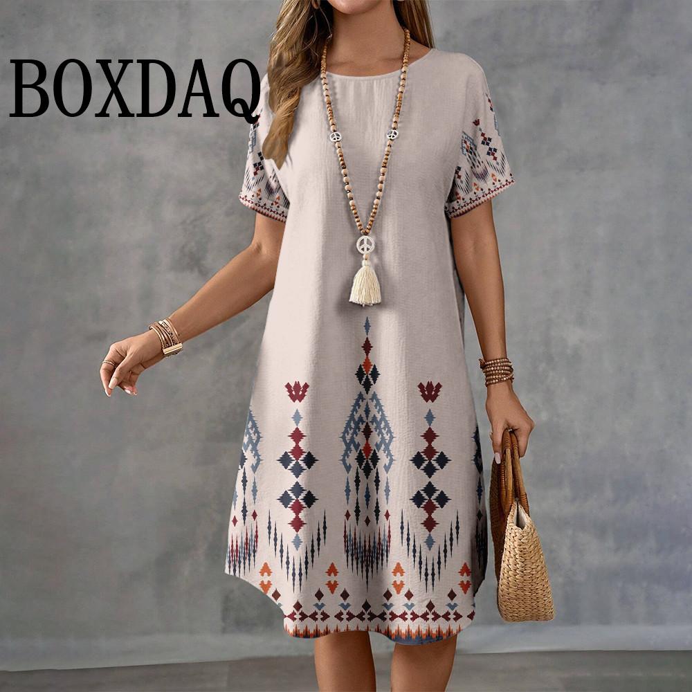 Letnie Retro Etniczny Nadruk Krótki Rękaw Casual Damska O-Neck Długość do Kolana Modne Eleganckie Damskie Sukienki A-Line