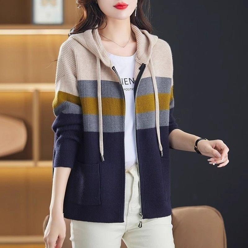 Women's Cardigan Jacket Top Loose Hooded Zip-up Sweater Knitwear Outerwear Thickened