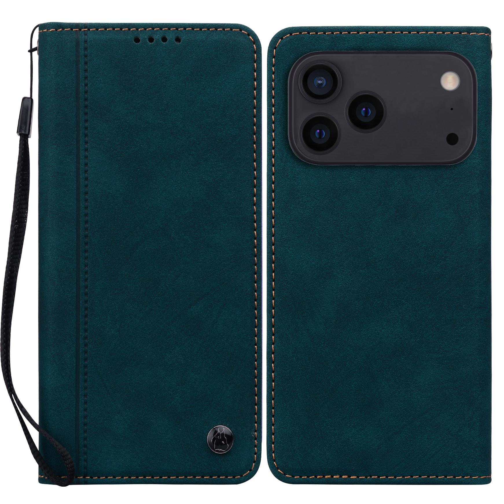 

For iPhone 17 Pro Case Lines Pattern Wallet Leather Phone Cover with Strap Green