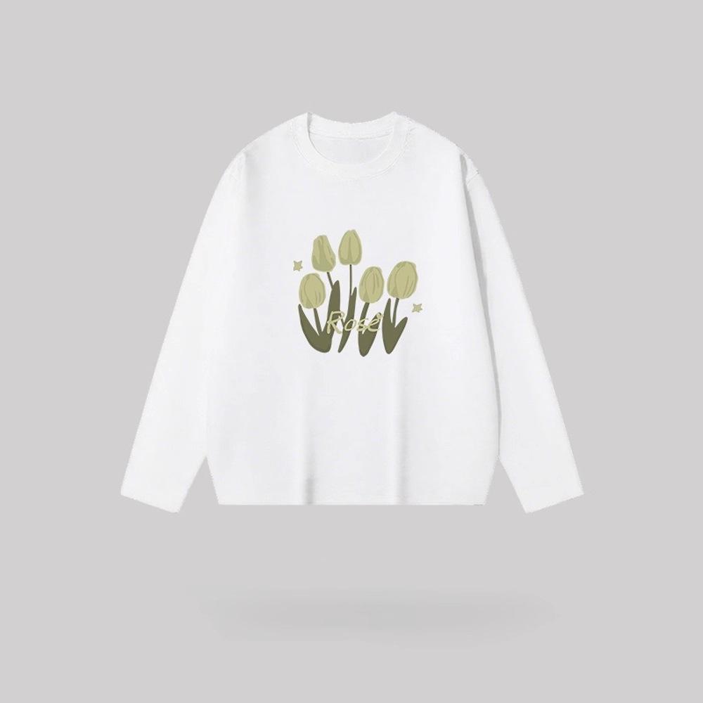 Women's Floral Print Loose Long-Sleeve Cotton T-Shirt - Slim Fit, Round Neck, White, Casual Spring & Autumn Wear