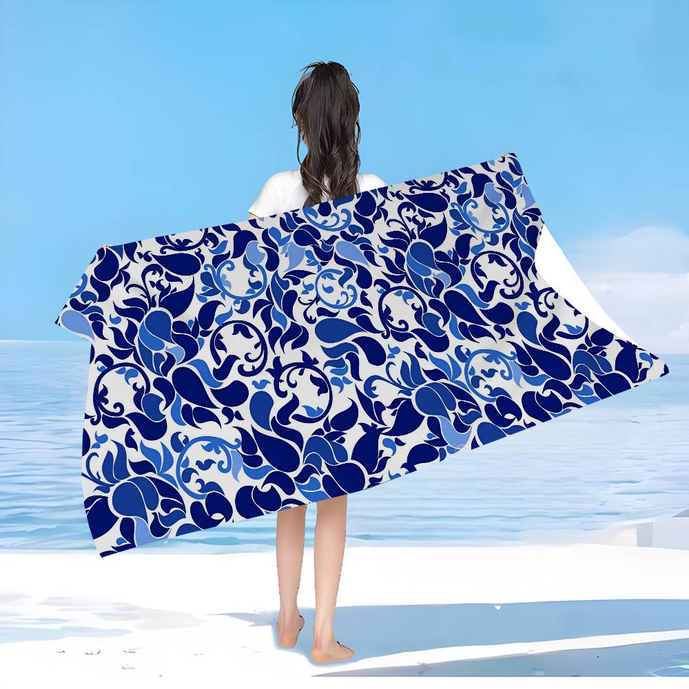 

Classic Blue And White Porcelain Microfiber Blanket Quick Drying Beach Towels Oversized Printing Super Absorbent Pool Towel W30*H60(CM)
