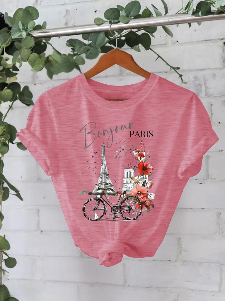 Paris Landmark Print Women's Summer Short-Sleeve T-Shirt