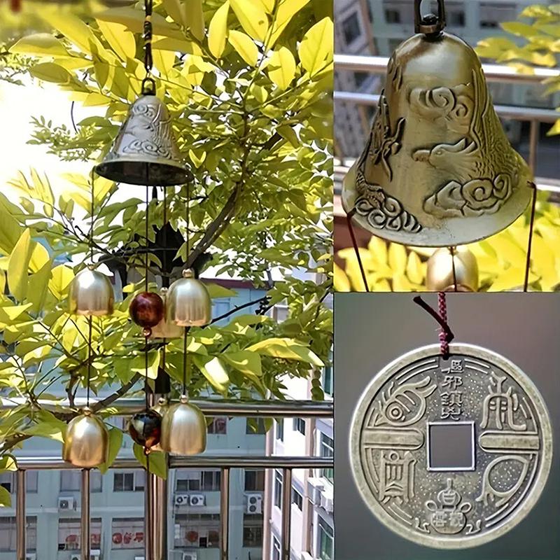 6 Miedzianych Dzwonków Metalowe Dzwonki Wiatrowe Zewnętrzne - Dekoracyjny Wiszący Ornament Na Podwórko i Do Ogrodu, Idealny Do Dekoracji Zewnętrznej Domu