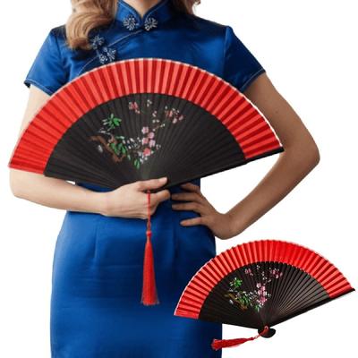 Chinese Style Blossom Printing Folded Fan Portable Retro Elegant Handheld Fans Classical with Tassel Kimono Fan