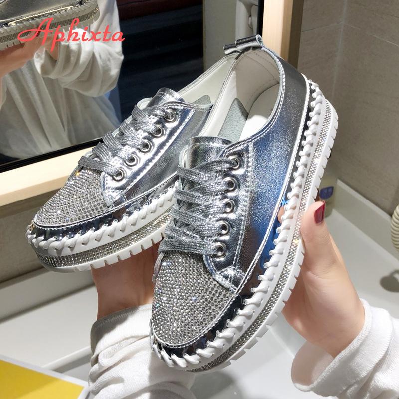 Fashion Aphixta Loafers Shoes Women Luxury Silver Crystal Lace-up Platform Shoes Woman Sequined Cloth Bling Crysta Black Flat Heels Shoe