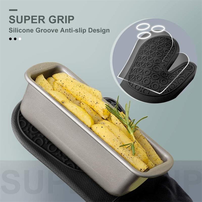 Heat Resistant Silicone Oven Mitts Non-Slip Microwave Oven Gloves Cotton Lining Waterproof Kitchen Cooking Baking Barbecue Glove