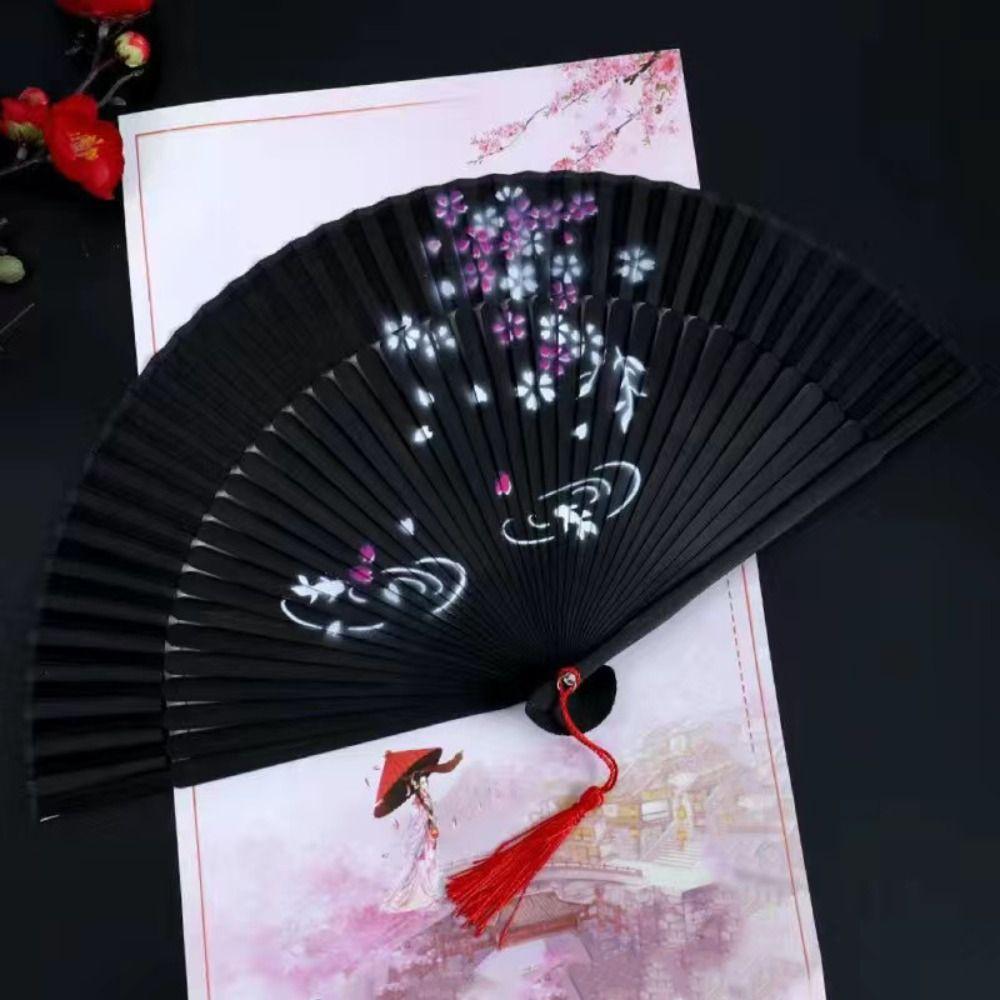 Chinese Style Blossom Printing Folded Fan Portable Retro Elegant Handheld Fans with Tassel Classical Tassel Folding Fan