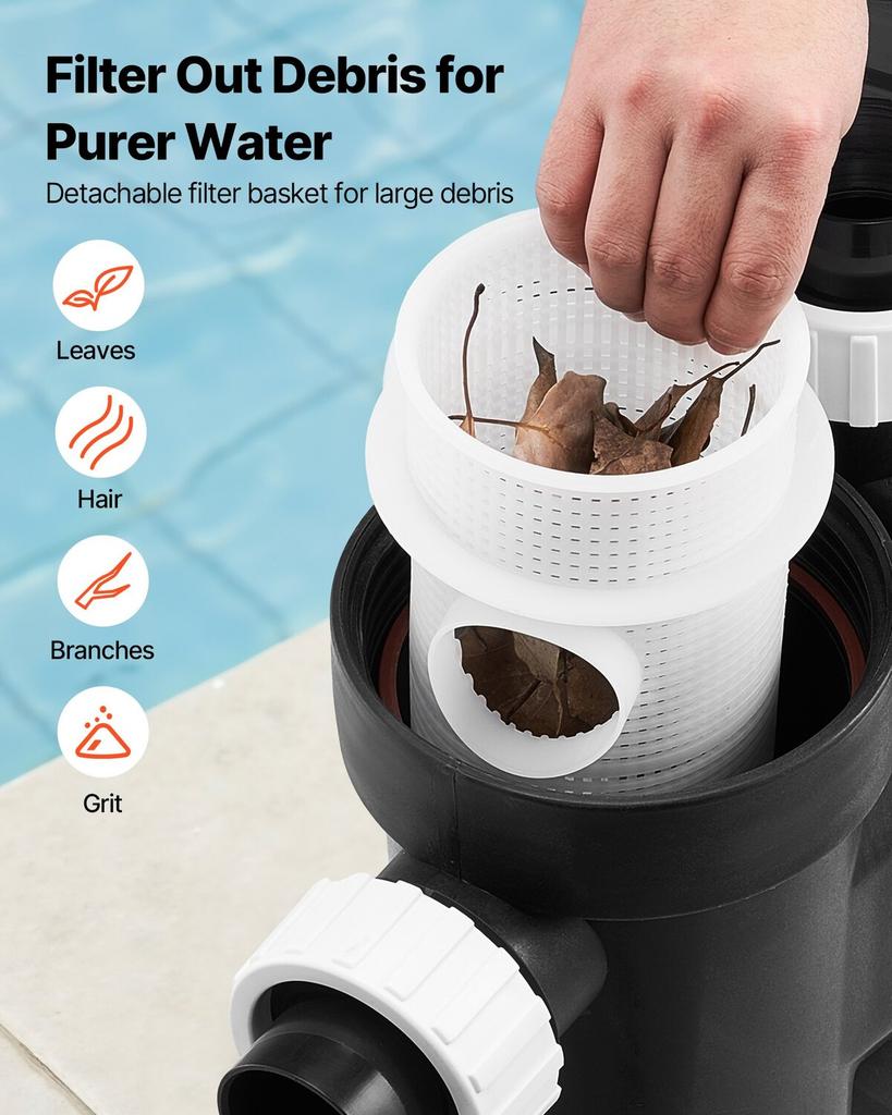 Variable Speed Pool Pump, 2200W, AC 220-240V, 43,000 L/H, In/Above Swimming Pool Pump with Filter Basket, Powerful Self Priming, Programmable Timer,