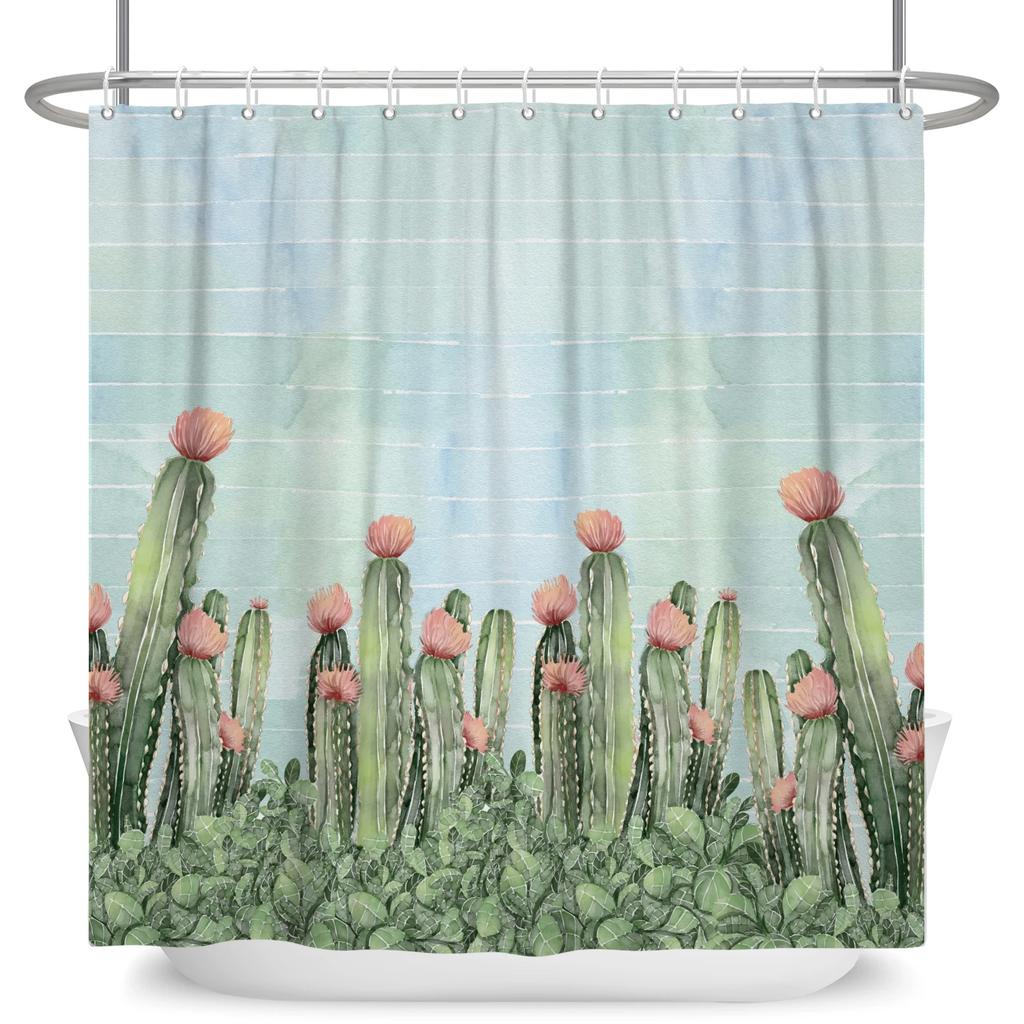 Tropical Cactus Print Shower Curtain Boho Plant Pattern Waterproof Fabric Shower Curtains Modern Bathroom Decor With Hooks