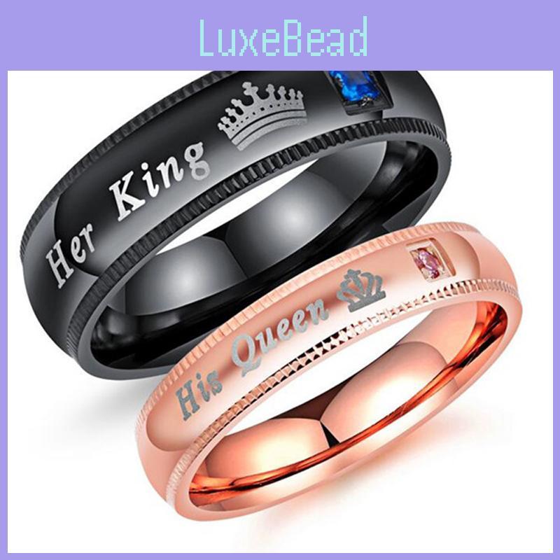 His Queen Her King Rhinestones Studded Crown Stainless Steel Ring For Lovers