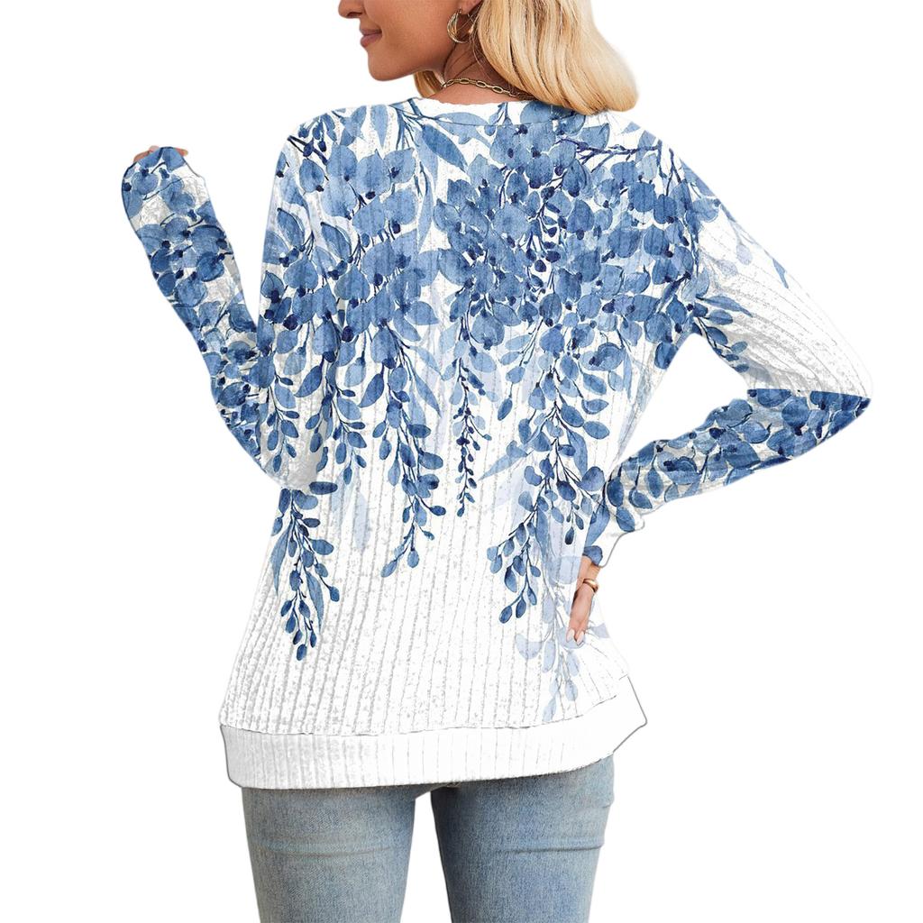 Fashionable Women's Long Sleeved Floral Printed Lightweight Sweater With Loose Round Neck Top