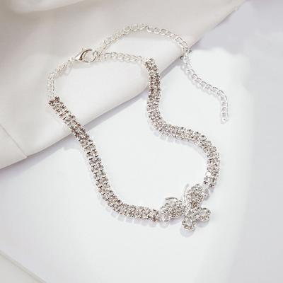 Women Anklet Double-layered Shiny Rhinestone Adjustable Length Butterfly Ankle Decoration Jewelry Party Beach Daily Ankle Chain Birthday Gift