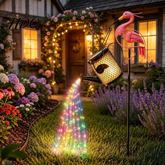 Unique Outdoor Landscape Accents Solar Flamingo Watering Can Light Powered LED Garden Waterproof Backyard Pathway Walkway Lights Light with Stake for