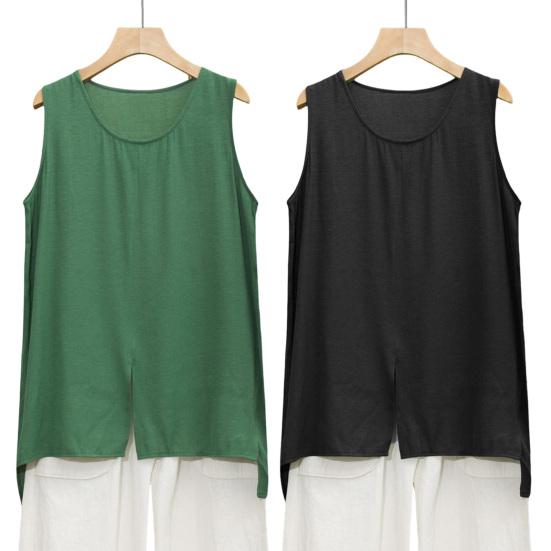 Women Tops Sleeveless Round Neck Front Slit Design T-Shirt Pure Color Loose Fit Summer Casual Camisole Vacation Office Date Wear