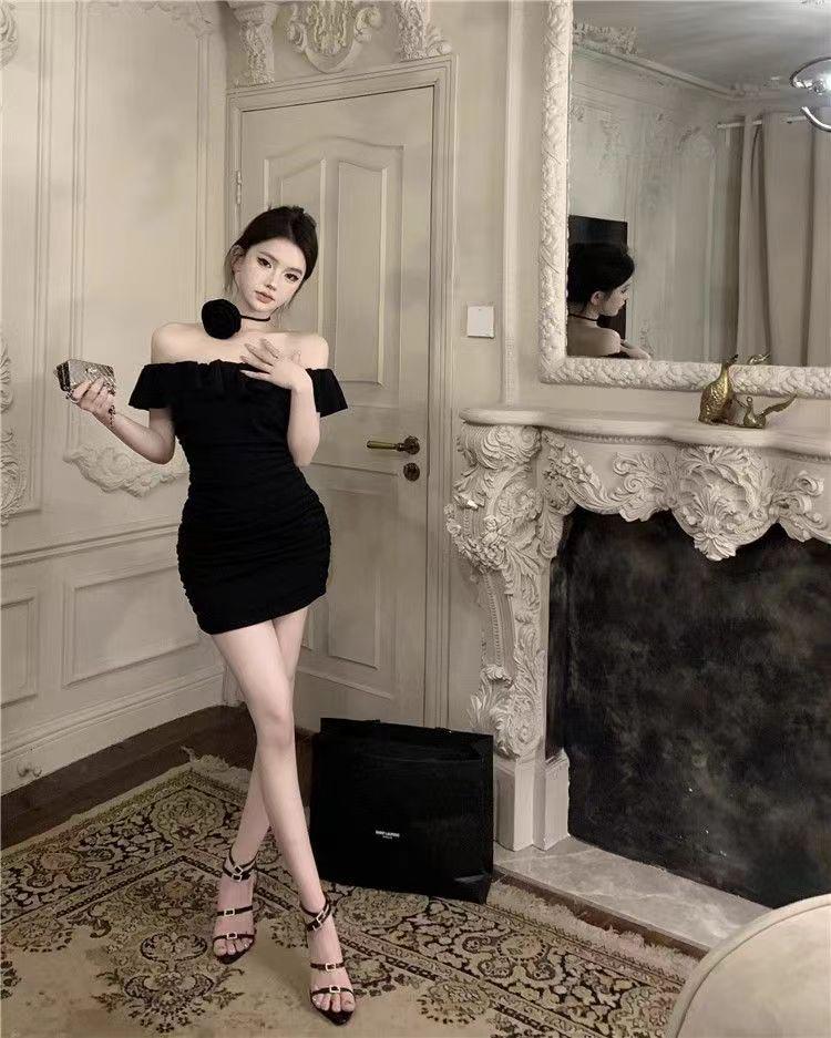 Elegant French One-Shoulder Ruffled Bodycon Dress