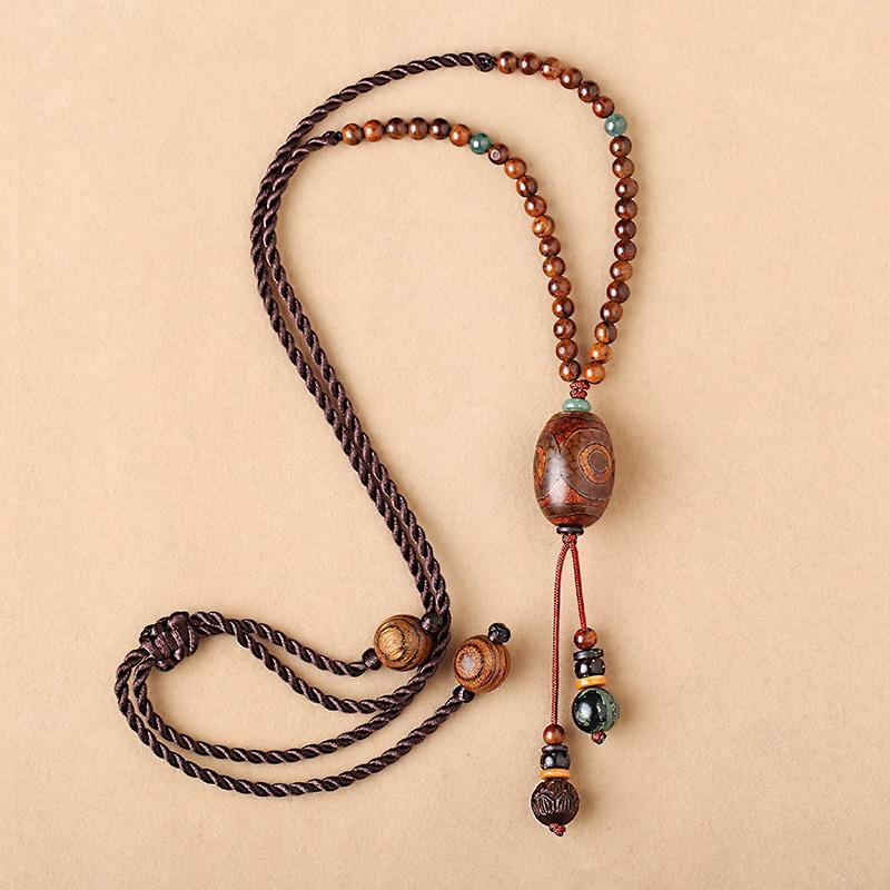 GEMCHIC Women's Ethnic Style Three-Eyed Dzi Bead Pendant Necklace Long Sweater Chain Vintage Boho Jewelry
