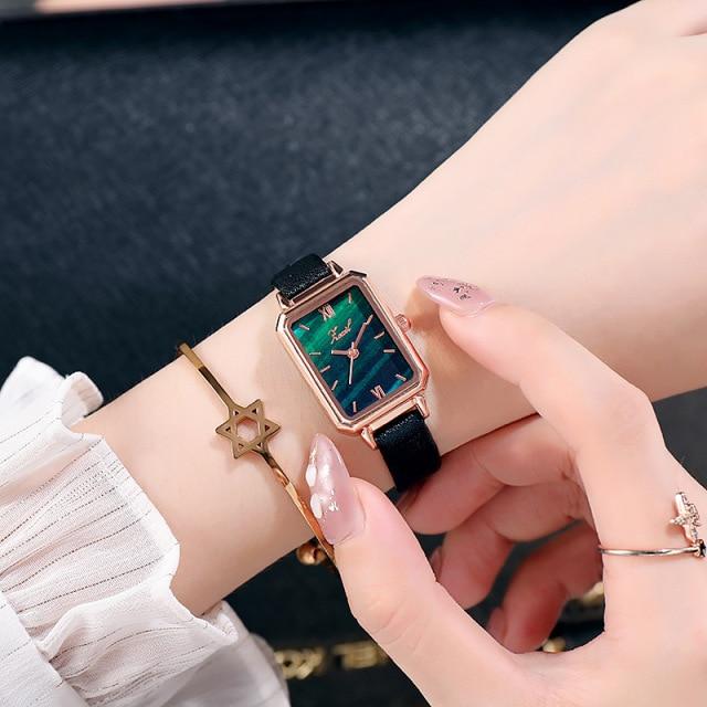 Women Watches Fashion Square Ladies Casual Quartz Watch Bracelet Set Green Dial Simple Rose Gold Mesh Watches