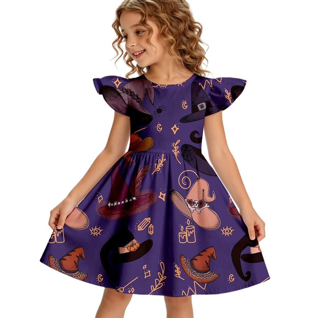 Girls Halloween Casual Dress Ruffle Sleeve Round Neck Patchwork Pattern Knee Length Dress for Kids