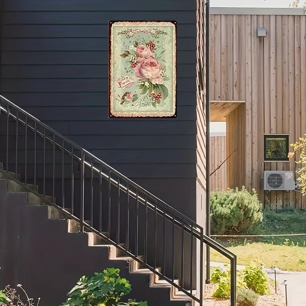 Vintage Rose Flower Metal Tin Sign - Pastoral Artistic Wall Decor with Pink Roses & Green Leaves, 8x12 Inches, Perfect for Home