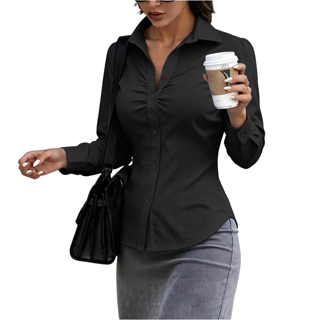 Women's Slim Fit Button Down Shirt Long Sleeve Collared Blouse Stretchy Office Workwear Top with Ruched Front Design