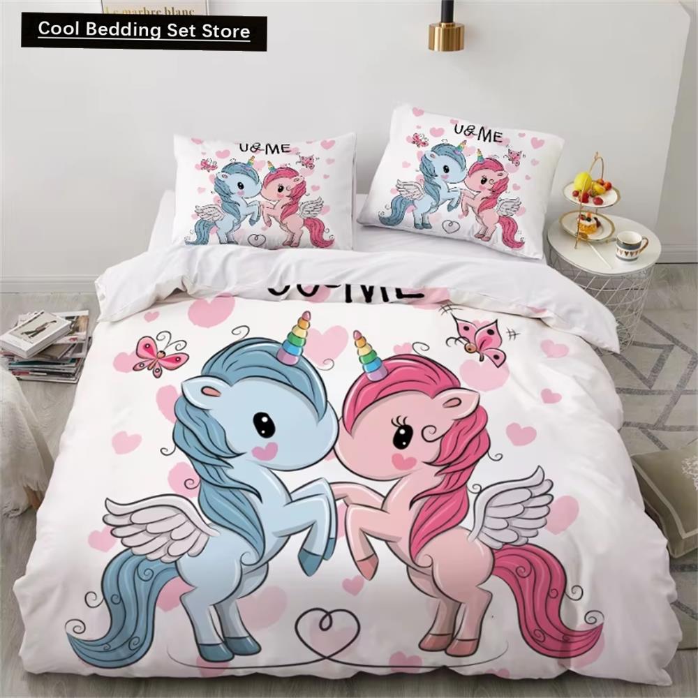 Kinderbettwäsche-Sets, Geschenke, Bettbezug-Sets mit Einhorn- und buntem Pferdedruck für Kinder, Mädchen und Jungen, 2/3-teilig, einzelne rosa Steppdecken