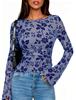 Women Slim Fit Flocked Floral Mesh Long Sleeve Crew Neck Pullover T Shirt